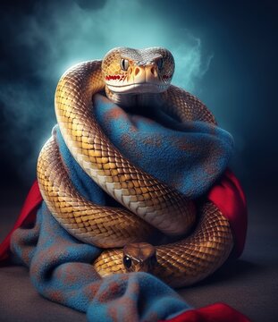 snake with scarf in an orange background, portrait created by generative AI technology.
