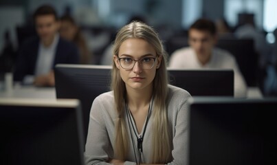 A young woman wearing glasses is sitting in front of her computer monitors, intently working. AI Generative