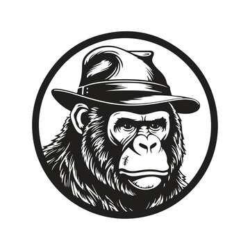 gorilla wearing hat, vintage logo line art concept black and white color, hand drawn illustration