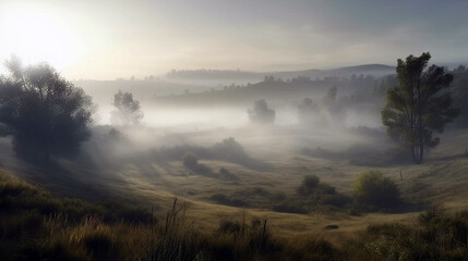 Foggy Landscape Early Morning Mist. Early morning scenery in field. AI Generative