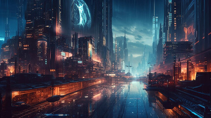 futuristic cityscape at night with fantasy deep space. Future City on the coast. AI Generative