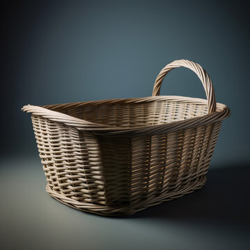 Brown wicker basket. Basket isolated on white background. Empty wooden fruit or bread basket on white background. Realistic 3D illustration. Generative AI