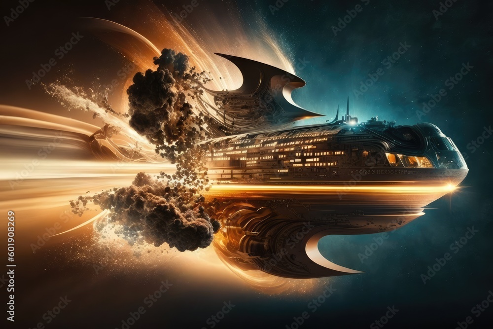 Poster gigantic spaceship travel into a quantum world. distinct generative ai image.