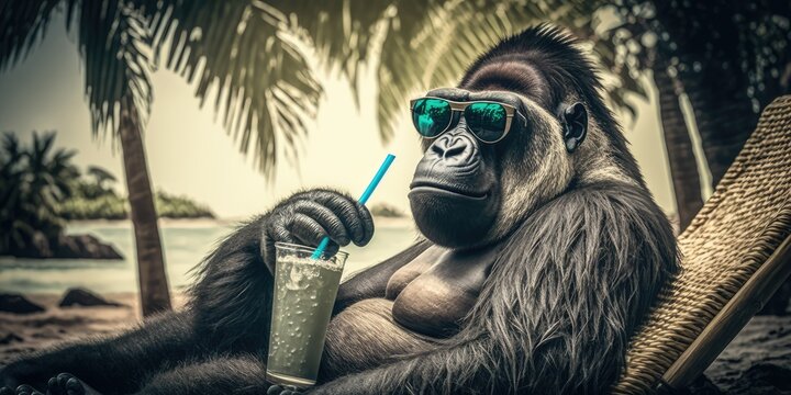 gorilla is on summer vacation at seaside resort and relaxing on summer beach Generative AI