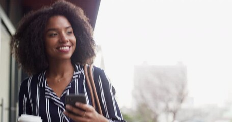 Commute, coffee and phone with a business woman in the city during the day for a morning walk. Smile, drink and text message with a happy young black female employee walking alone in an urban town