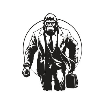gorilla wearing suit, vintage logo line art concept black and white color, hand drawn illustration