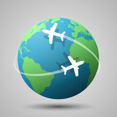 Airplane flying around the globe vector illustration. Worldwide travel and transportation concept. Earth Elements by Google Earth.