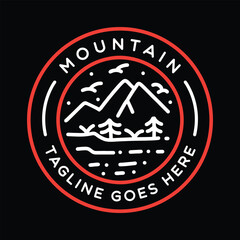 Monoline Vintage Mountain Logo Vector Graphic Design illustration Retro Circle Badge Emblem Symbol and Icon
