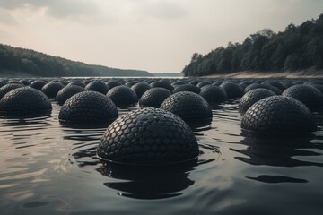 A reservoir is covered with black balls to prevent evaporation and protect water acquifer. Generative AI