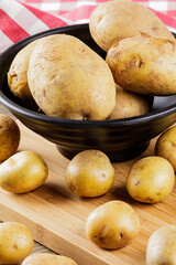 Bowl filled with delicious raw Potatoes with copy space