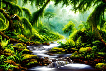 Fototapeta premium Painting. Jungle. Art. Nature. AI generated. Forest. Tropical. Wildlife. Greenery. Botanical. Abstract. Contemporary. Canvas. Digital art. Colorful. Exotic. Landscape. Rainforest. Modern. Vibrant.