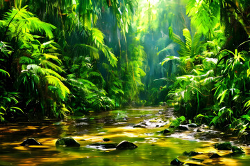 Painting. Jungle. Art. Nature. AI generated. Forest. Tropical. Wildlife. Greenery. Botanical. Abstract. Contemporary. Canvas. Digital art. Colorful. Exotic. Landscape. Rainforest. Modern. Vibrant.