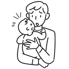 泣く赤ちゃんを抱いて困っている若い男性の上半身