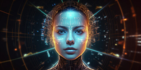 Portrait of artificial intelligence girl robot cyber technology. AI Generation 