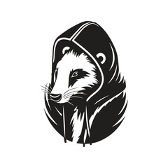 skunk wearing hoodie, vintage logo line art concept black and white color, hand drawn illustration
