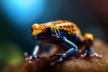 Fototapeta premium small yellow and blue colored cobalt frog, Generative AI, cobalt poison frog, tropical rainforest