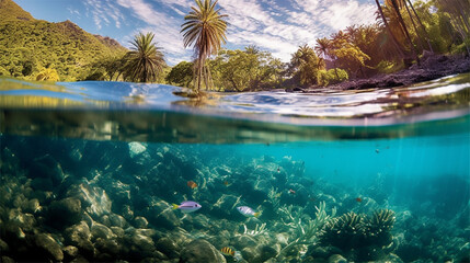 Fototapeta na wymiar Transparência da água do mar em uma paisagem paradisíaca criado por IA