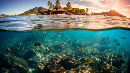Transparência da água do mar em uma paisagem paradisíaca criado por IA - obrazy, fototapety, plakaty