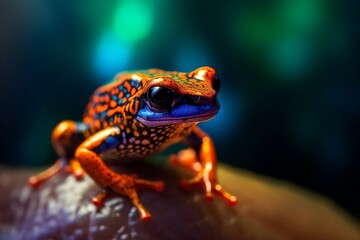 Obraz premium small yellow and blue colored cobalt frog, Generative AI, cobalt poison frog, tropical rainforest