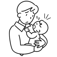 泣く赤ちゃんを抱いて困っている若い男性の上半身