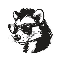 skunk wearing sunglasses, vintage logo line art concept black and white color, hand drawn illustration