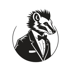 skunk wearing suit, vintage logo line art concept black and white color, hand drawn illustration