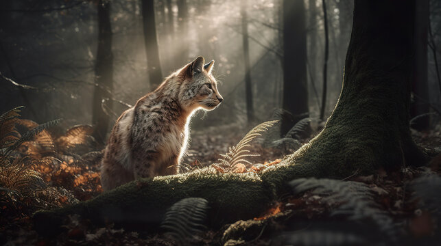 Animal in a forest nature photography with atmospheric lighting. Wild cat stands in a forest with the sun shining on it.Realistic 3D illustration. Generative AI