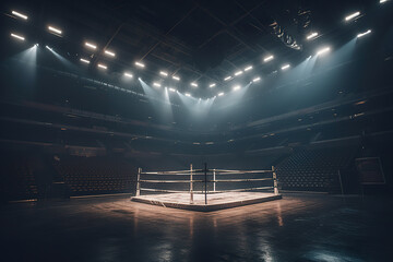 Sports wrestling and boxing sport. Empty boxing arena for competitions. Arena with grid and searchlights for MMA fights. Realistic 3D illustration. Generative AI - obrazy, fototapety, plakaty