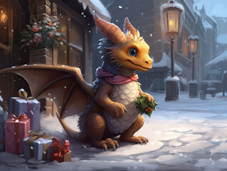 Cute little dragon in christmas costume with gifts in snowy street. Christmas and new year card. Generative ai