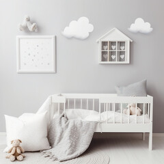 Bedroom in a minimalist style modern baby room. Baby room with pillows and small blanket with small white frame on the wall. Realistic 3D illustration. Generative AI