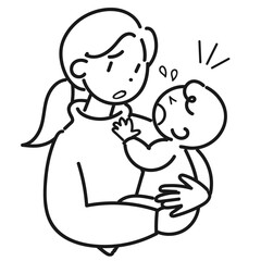 泣く赤ちゃんを抱いて困っている若い母親の上半身