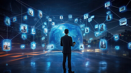 Businessman uses a tablet with the latest global technology