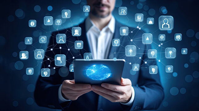 Businessman uses a tablet with the latest global technology