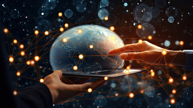 Businessman uses a tablet with the latest global technology