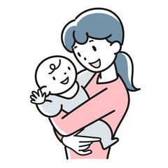 赤ちゃんを抱っこする笑顔の若い母親の上半身