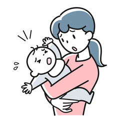 泣く赤ちゃんを抱いて困っている若い母親の上半身