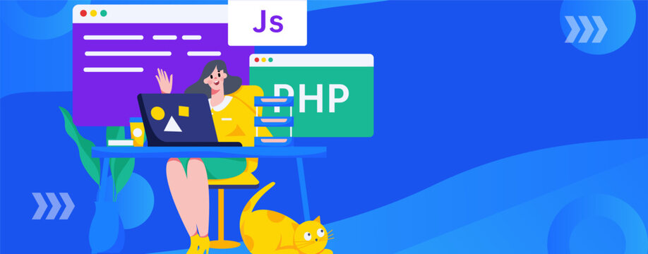 Programming teaching development flat character vector concept operation hand drawn illustration
