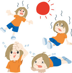熱中症・夏バテをイメージした、汗をかいて調子が悪そうな人物イラストセット