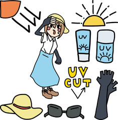 日焼け対策をイメージした人物と小物のイラストセット
