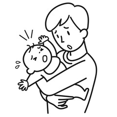 泣く赤ちゃんを抱いて困っている若い男性の上半身