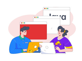 Programming teaching development flat character vector concept operation hand drawn illustration
