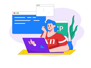 Programming teaching development flat character vector concept operation hand drawn illustration
