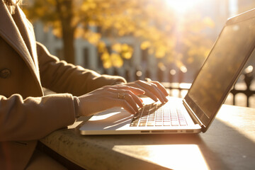 ノートパソコンで屋外で入力仕事する女性の手元 - obrazy, fototapety, plakaty
