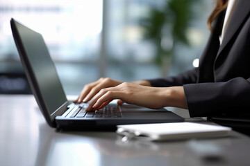 ノートパソコンで入力仕事する女性の手元