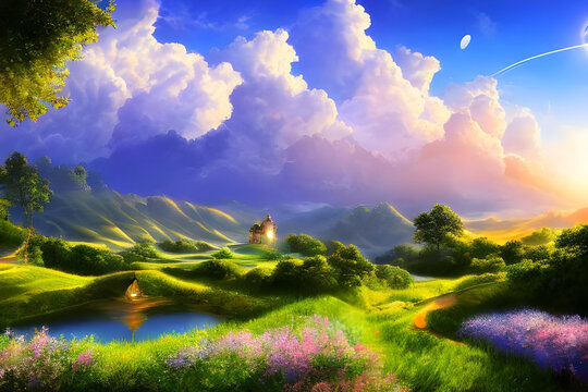 Heaven. Sky. Clouds. Divine. Angelic. Paradise. Serene. Peaceful. Elysium. Golden gates. Afterlife. Heavenly light. Religious. Spiritual. Idyllic. Tranquil. Celestial. AI generated. Beauty. Graceful.