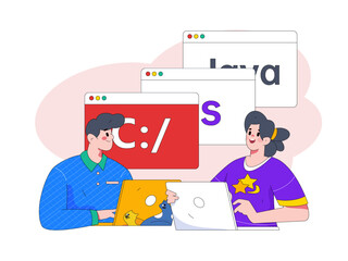 Programming teaching development flat character vector concept operation hand drawn illustration
