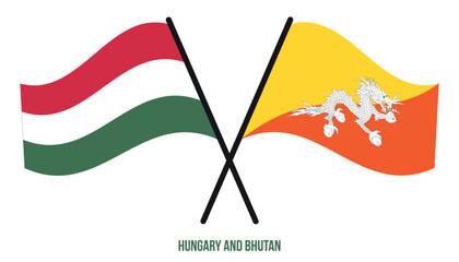 Hungary and Bhutan Flags Crossed And Waving Flat Style. Official Proportion. Correct Colors.