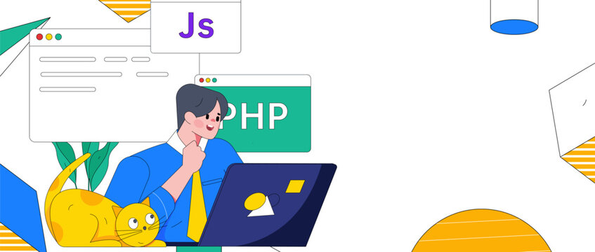 Programming teaching development flat character vector concept operation hand drawn illustration
