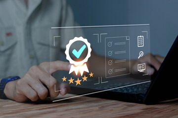 Businessman using laptop checklist rate customer satisfaction on digital document Customer...