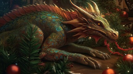 Fototapeta premium Bidg photorealistic dragon near the christmas tree. Christmas and new year card. Generative ai